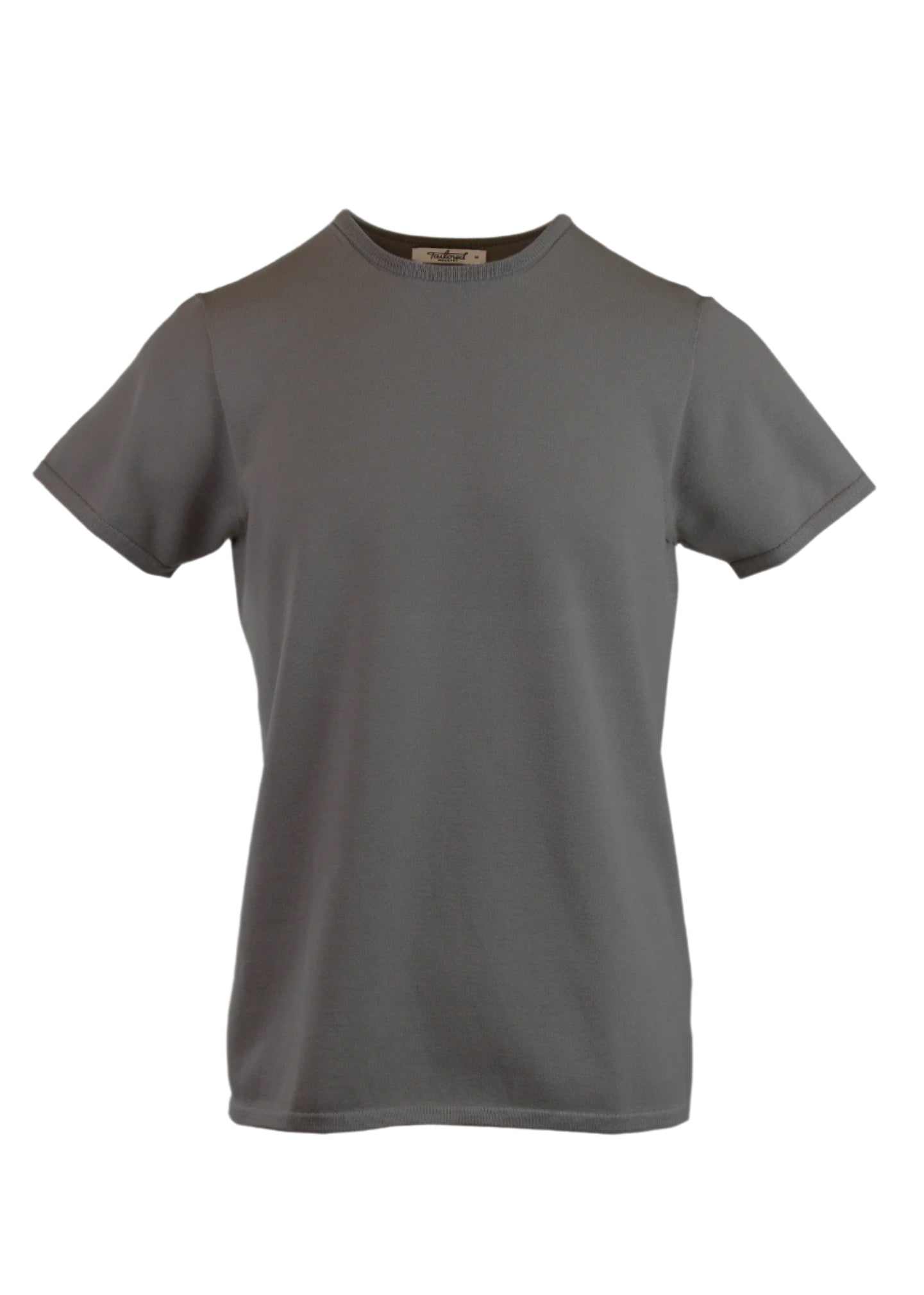 Beckett Tee in charcoal, tailored fit with tubular trim, eco-friendly fabric.