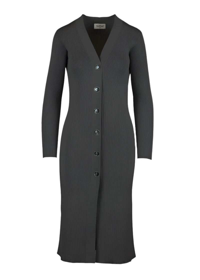 Leo Longline Cardigan in slate grey featuring deep V-neckline and button fastenings for versatile styling.