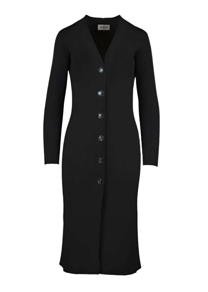 Eco-friendly Leo Longline Cardigan in black with button fastenings and deep V-neckline.