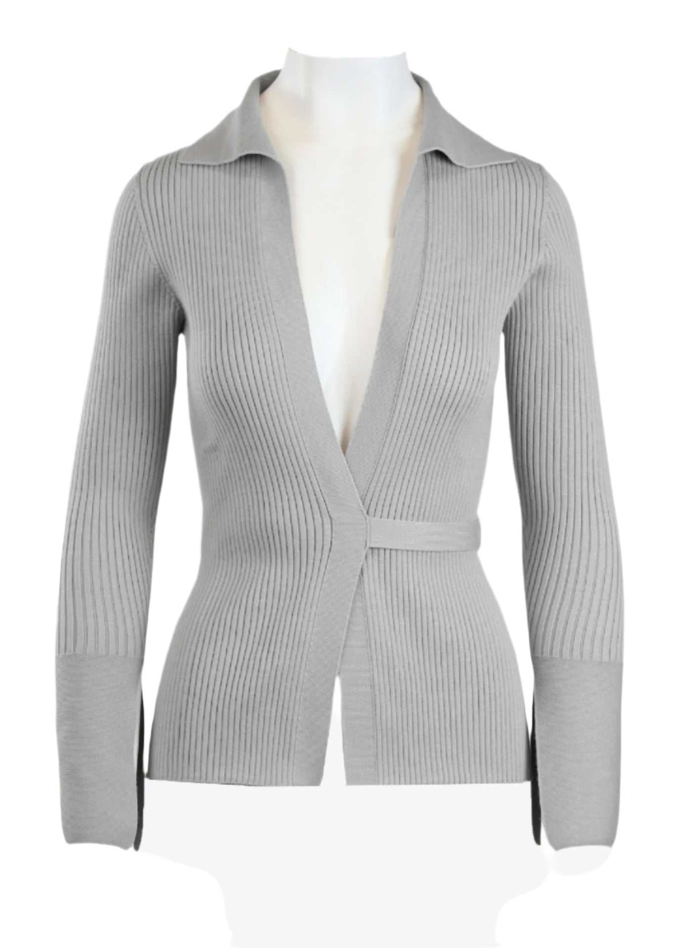Elios Cardigan in light grey with plunging neckline and waist tie closure.