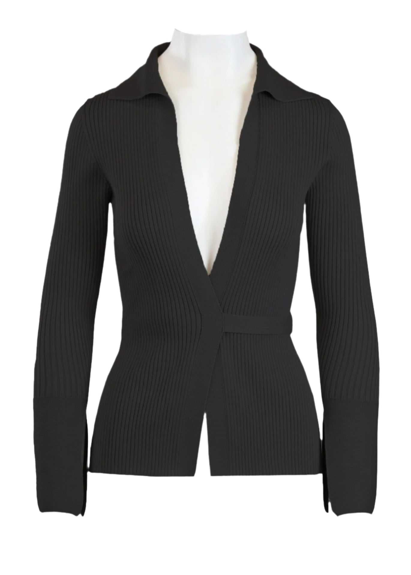 Elios Cardigan with plunging neckline and waist tie in black.