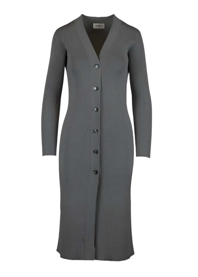 Leo Longline Cardigan in charcoal, featuring button fastenings and deep V-neckline.