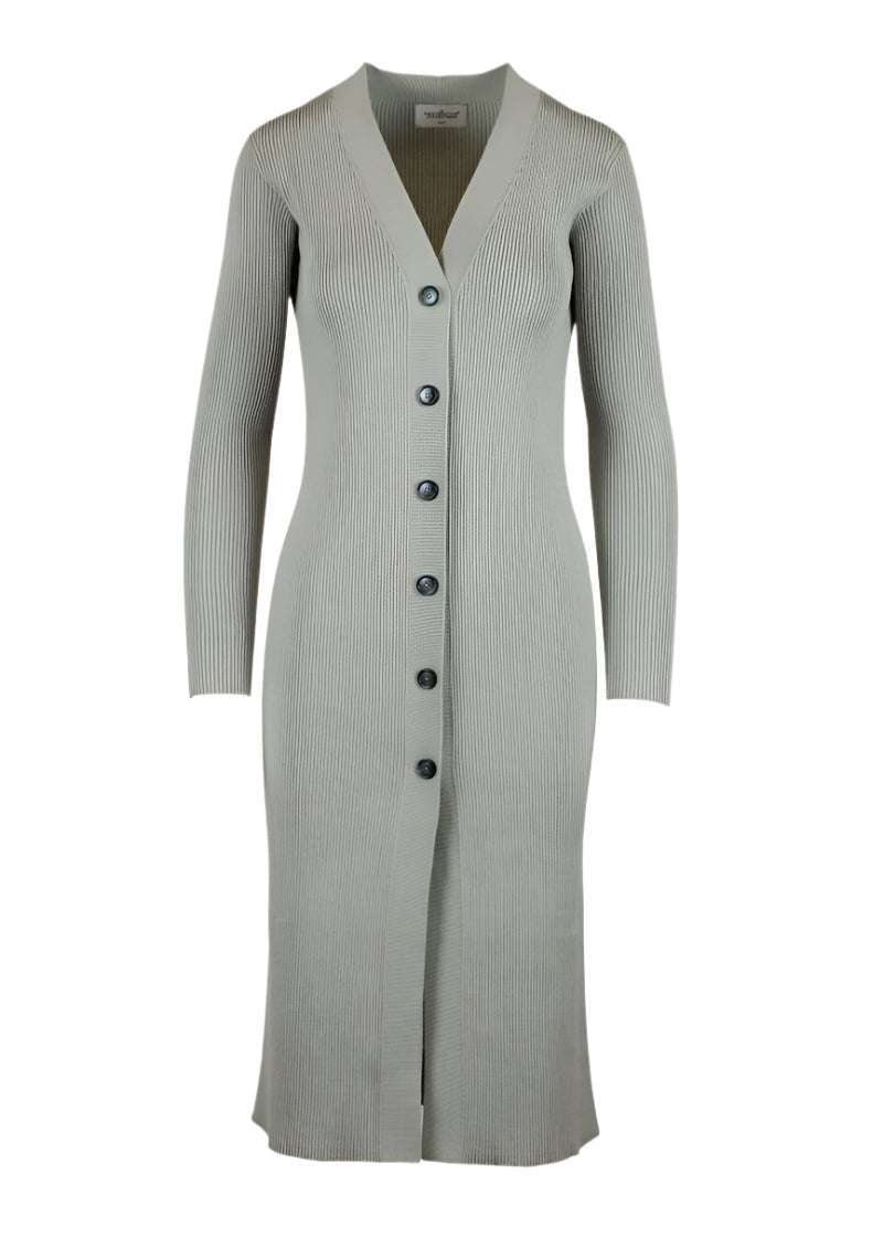 Leo Longline Cardigan in cement color with button fastenings and deep V-neckline.