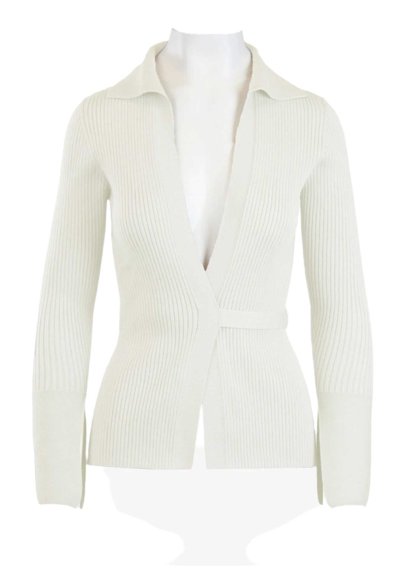 Elios Cardigan in white with plunging neckline and sewn-in waist tie closure.