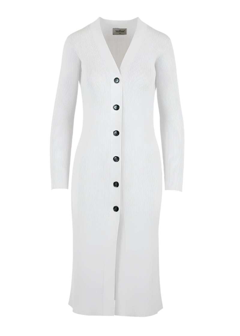 Leo Longline Cardigan in white featuring a flattering silhouette and button fastenings for versatile styling.