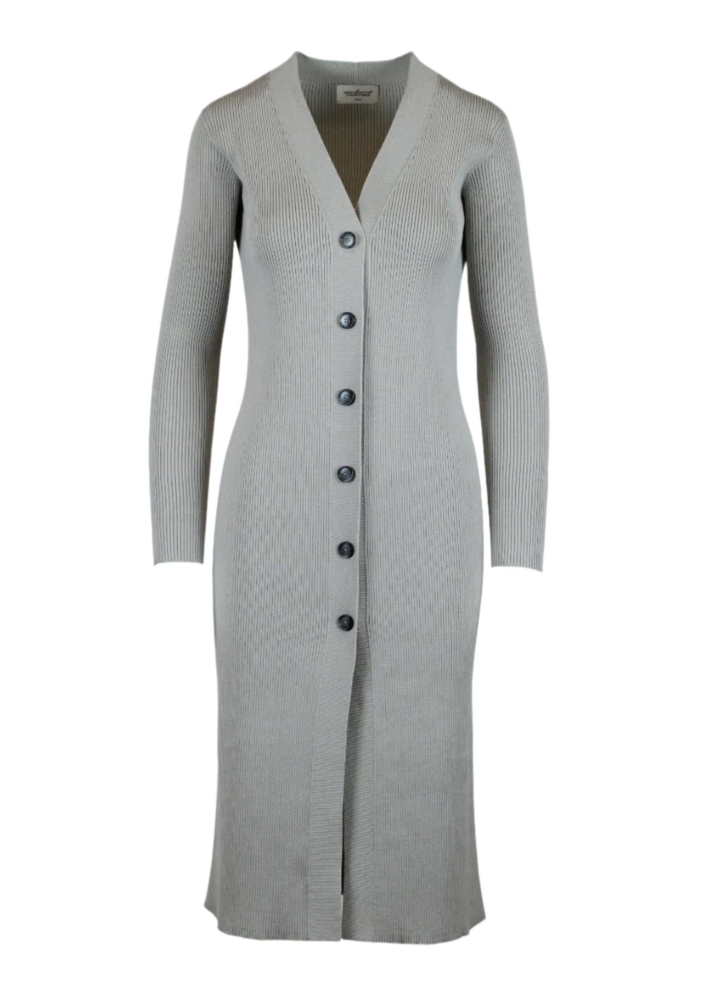 Leo Longline Cardigan in light grey, featuring button fastenings and V-neckline.
