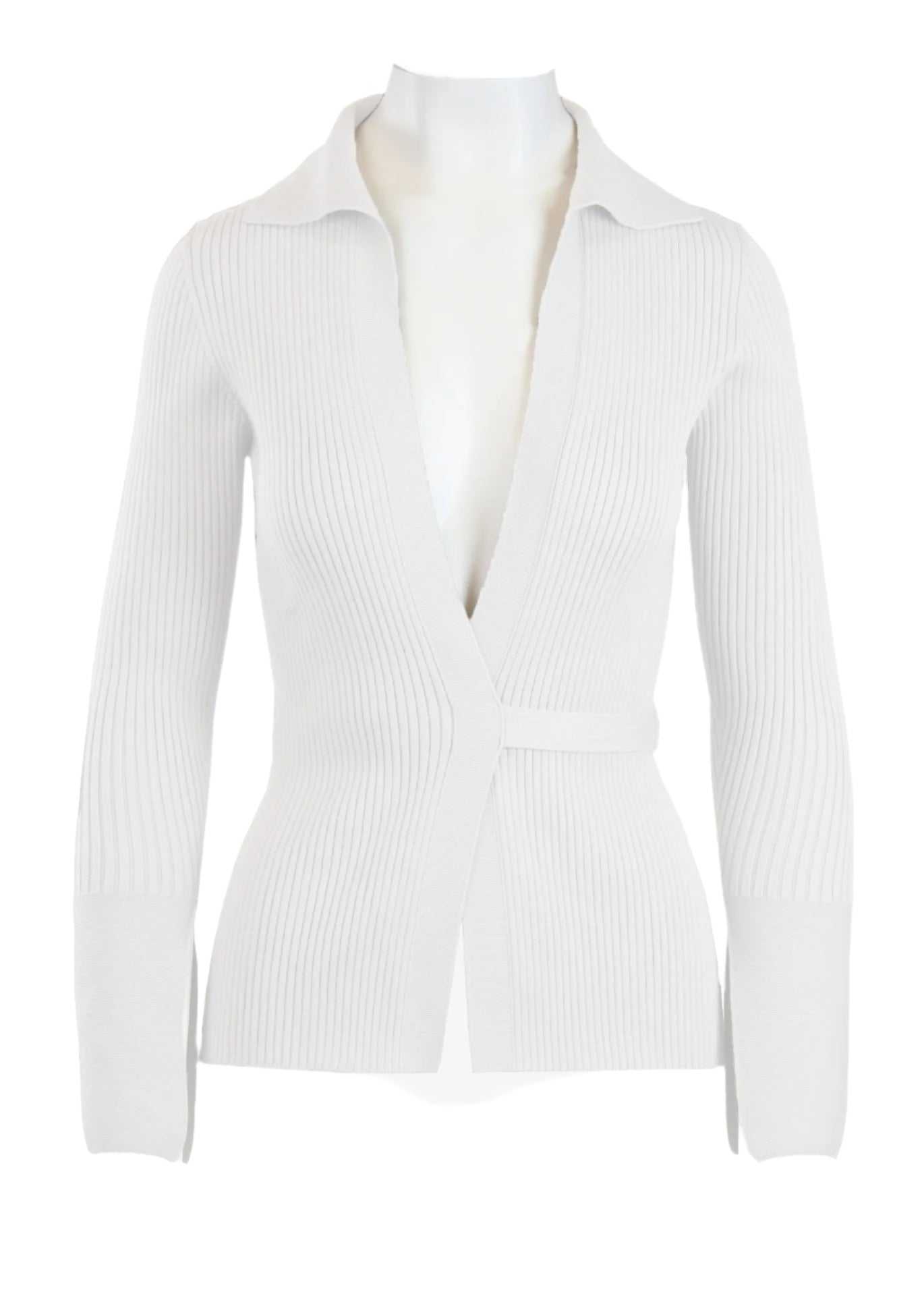 Elios Cardigan in white with plunging neckline and waist tie closure.