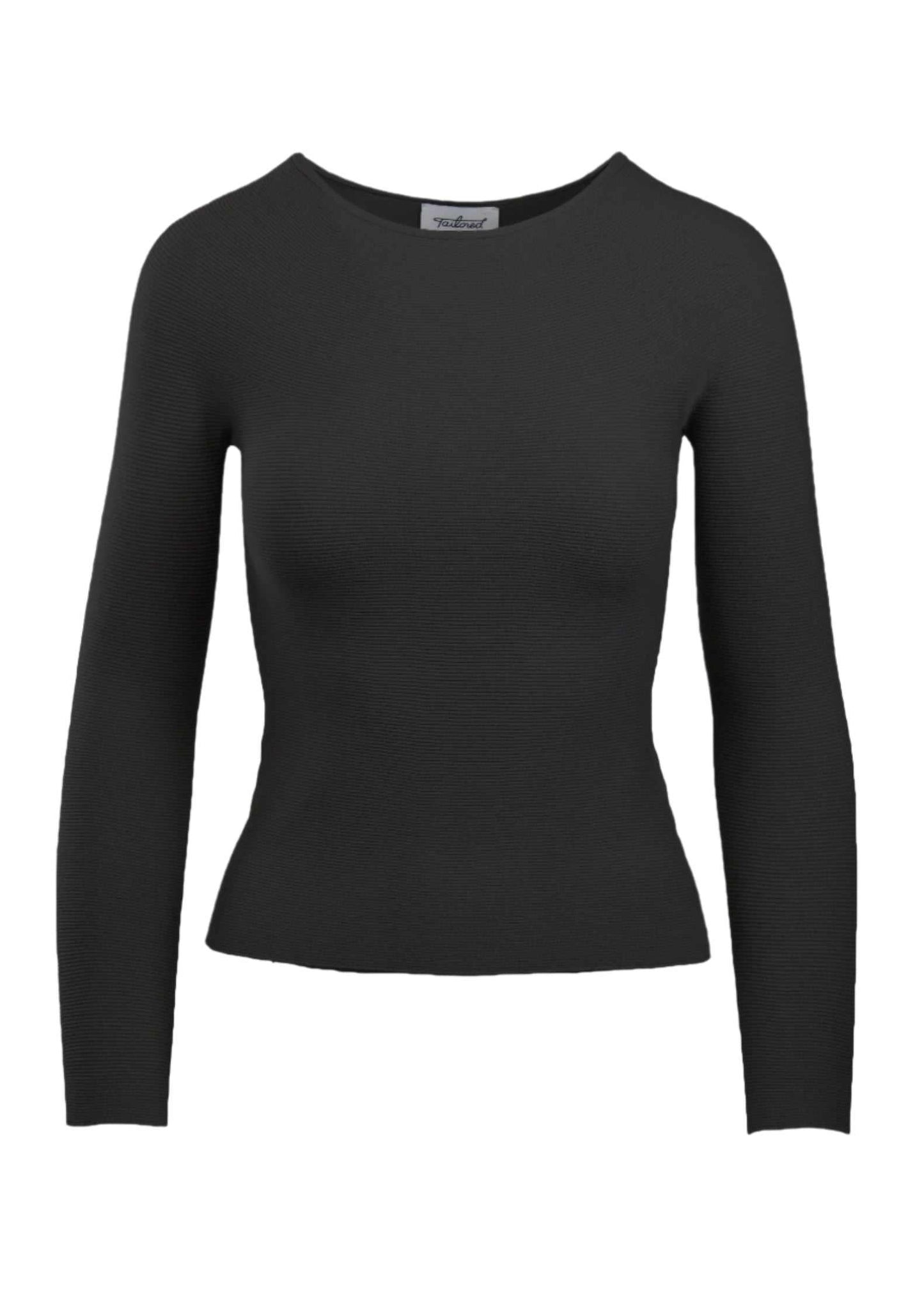 Rory Long Sleeve in black, eco-friendly seamless knit, designed for comfort and style.