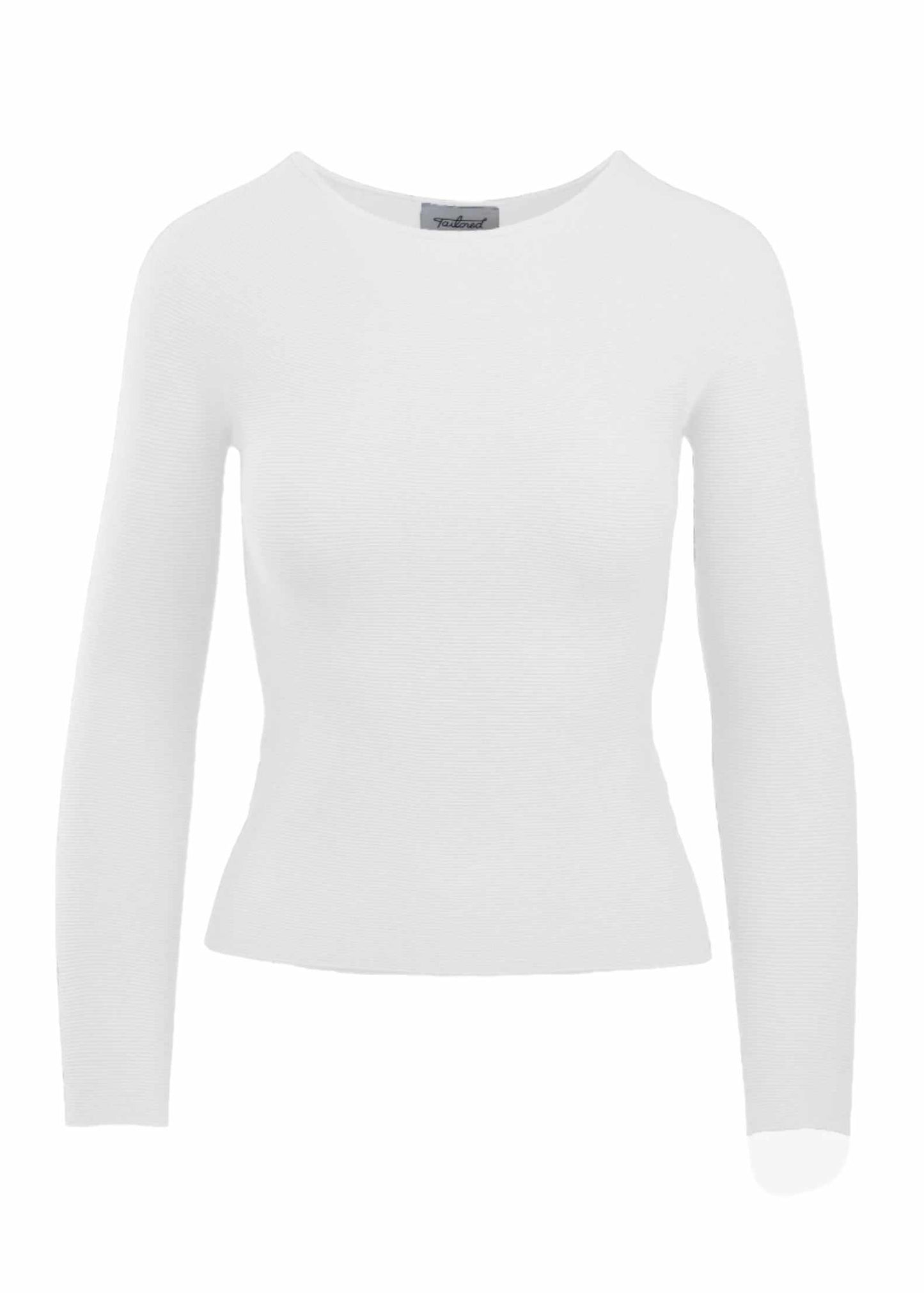 Rory Long Sleeve in white, eco-friendly knit, seamless design.