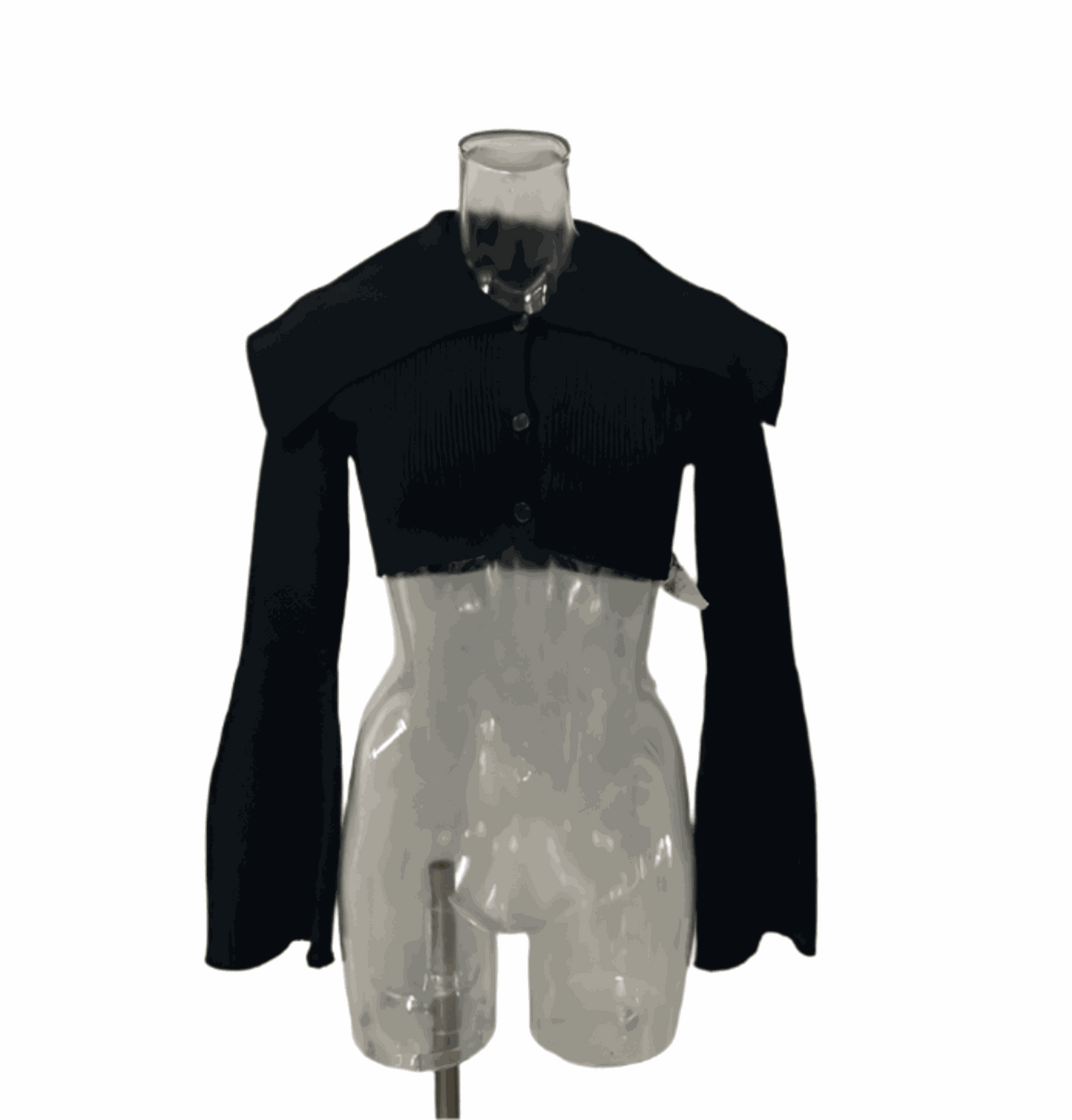 Libra Crop Cardigan with oversized sailor collar in black on mannequin.
