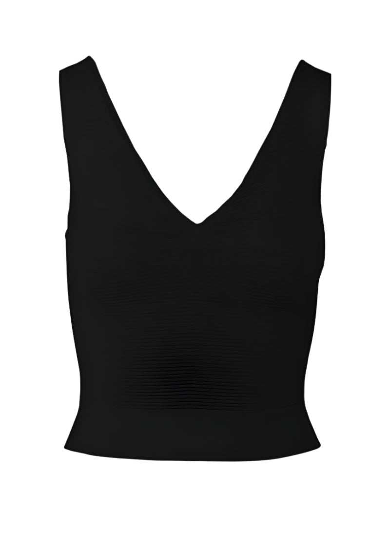Nova Tank in black, featuring ribbed body-contouring design, sustainable fabric, and seamless construction.