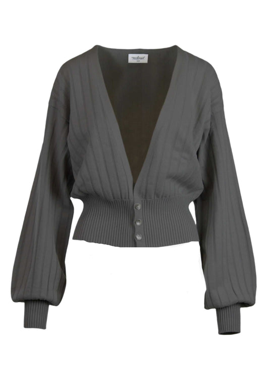 Seren Cardigan in charcoal with billowing sleeves and a cinched waist.