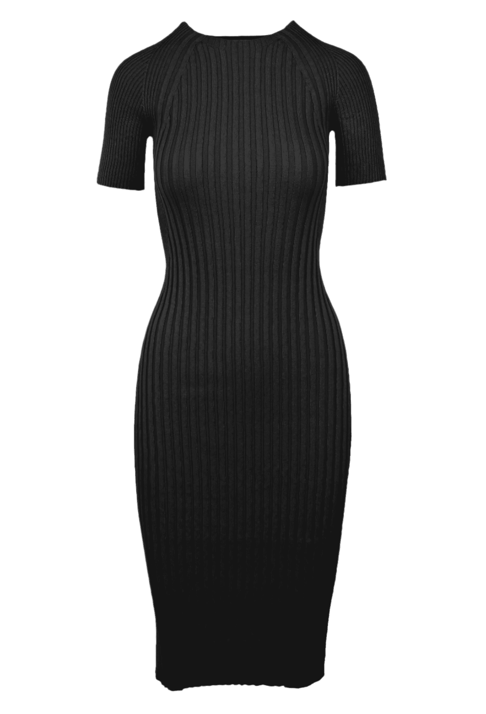 Basil Mixed Ribbing Dress in Nero, black midi-length dress with ribbing and pleats.