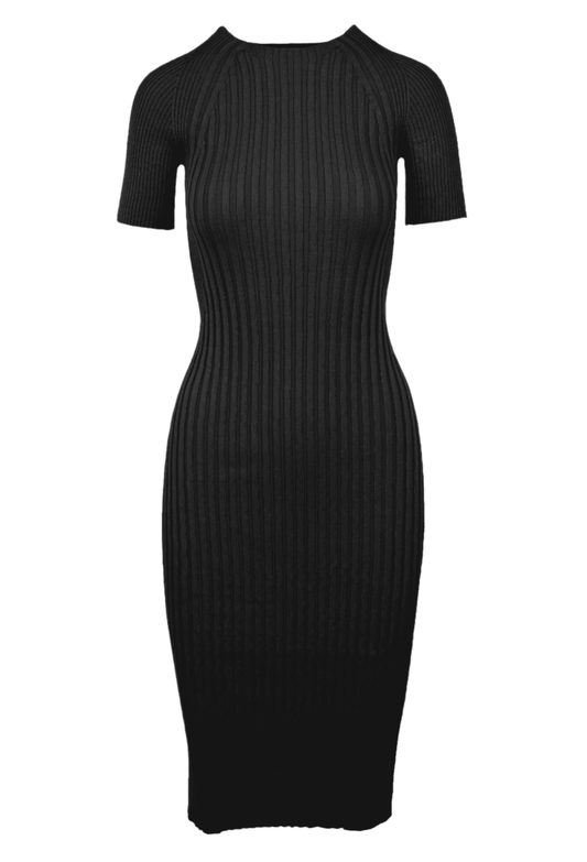 Basil Mixed Ribbing Dress in Nero, black midi-length dress with ribbing and pleats.