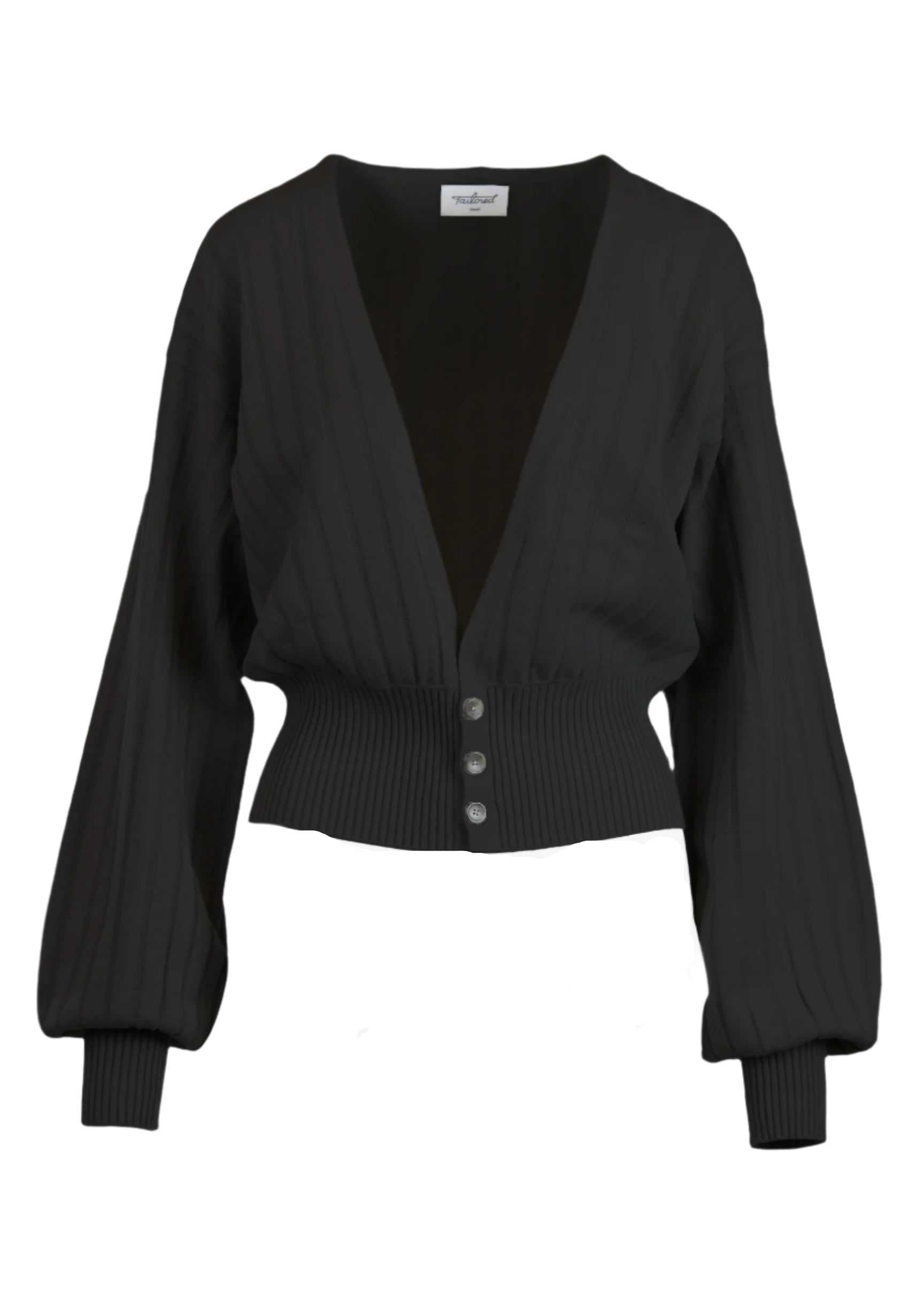 Seren Cardigan with billowing sleeves and deep V-neckline in black.