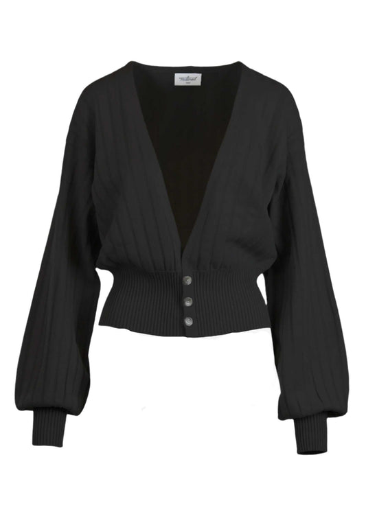 Seren Cardigan with billowing sleeves and deep V-neckline in black.