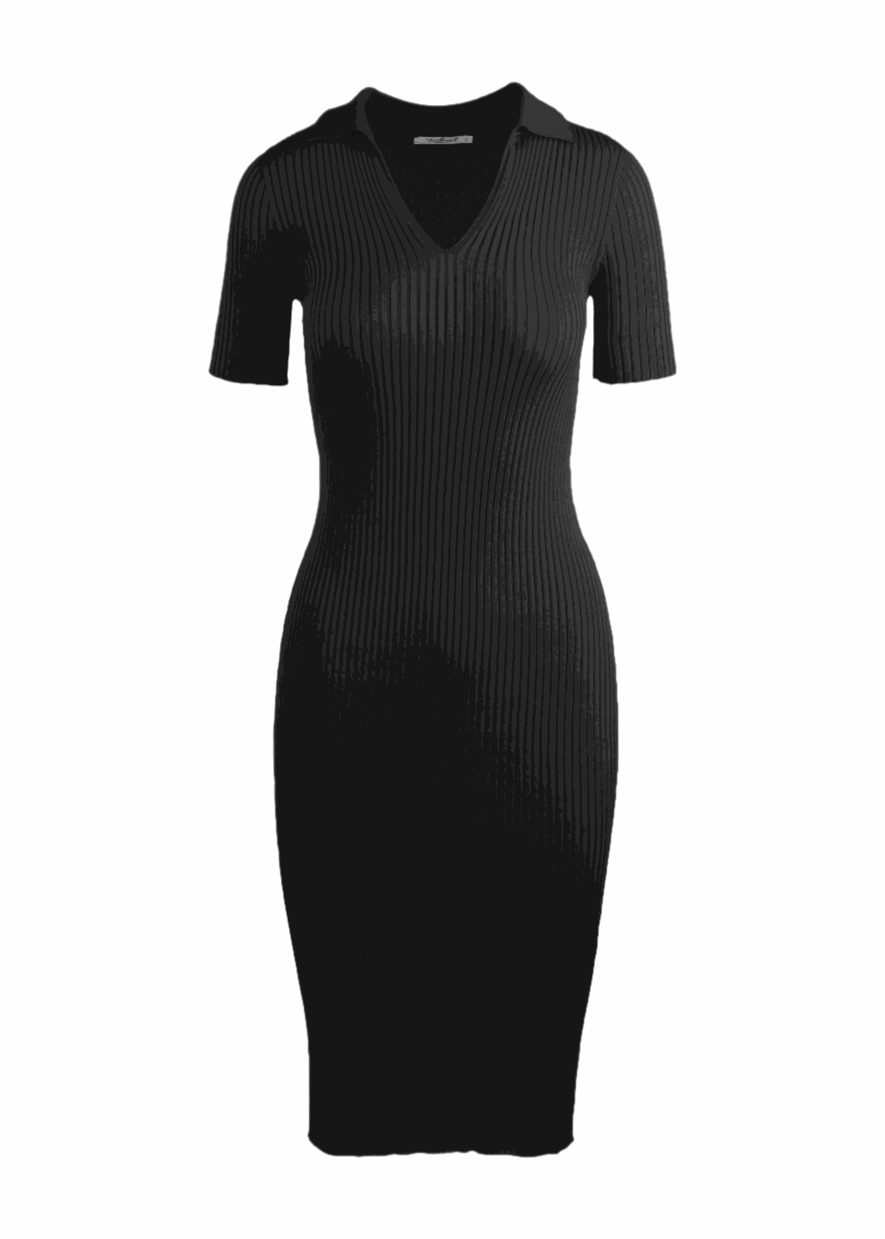 Halley Polo Dress in black with ribbed midi bodice and chic polo collar.