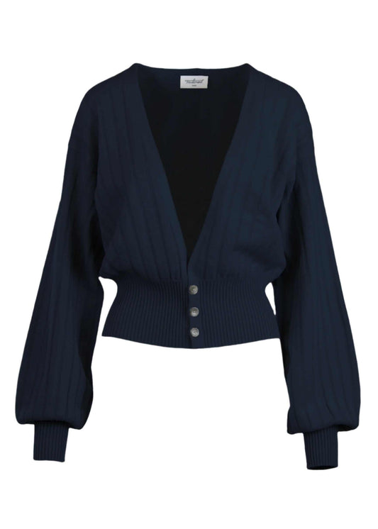 Navy Seren Cardigan with billowing sleeves and cinched waist.