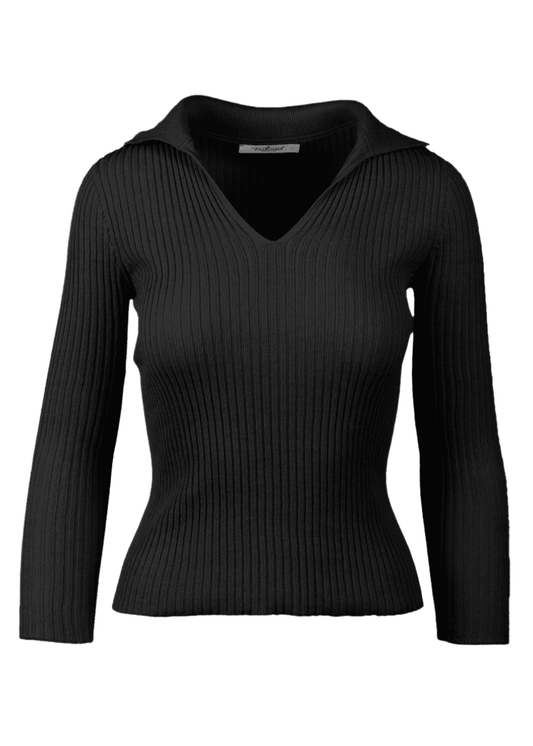Everly Long Sleeve Polo in Nero with ribbed contouring and open V-neck collar.