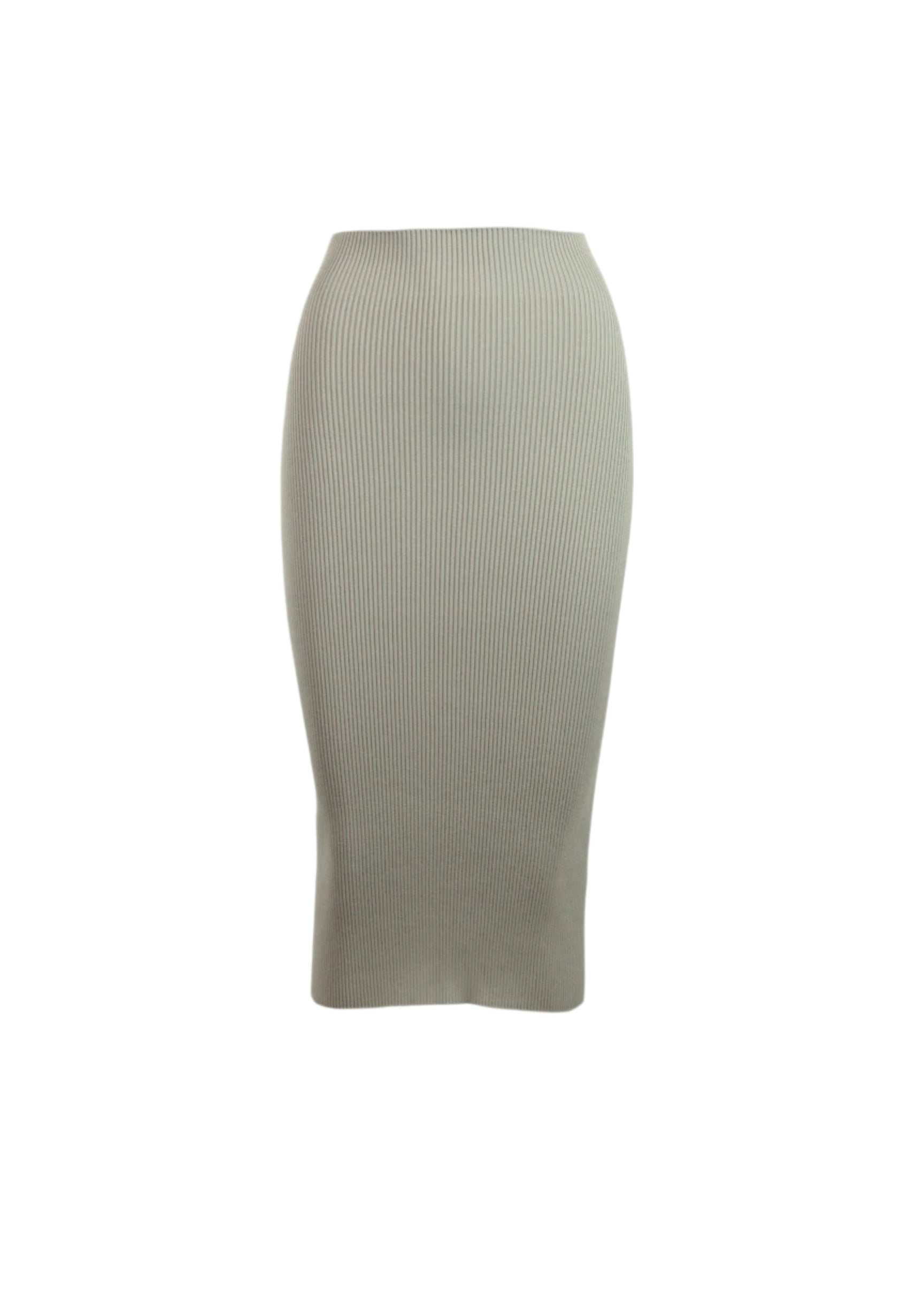 Juno Pencil Skirt in cement color, shin-length, seamless design.