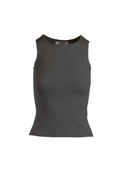 Allenas Tank Top in Charcoal with ribbed armholes and seamless construction.