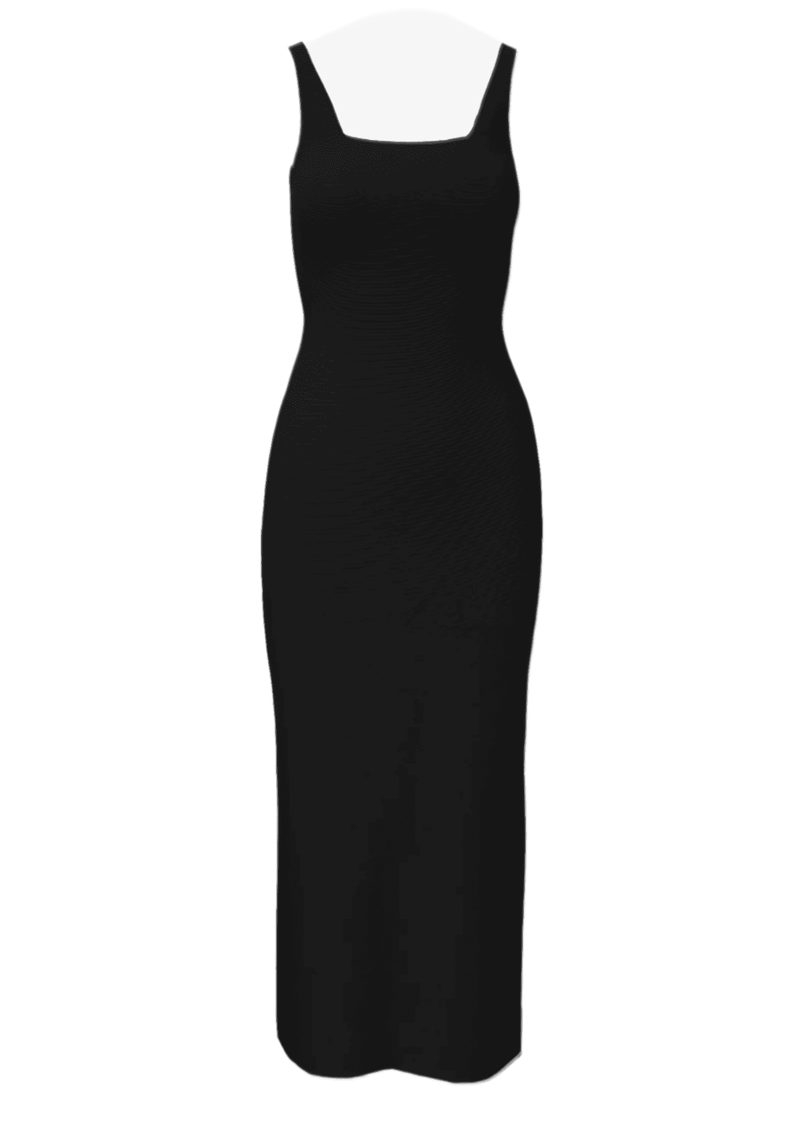 Ivy Midi Dress in black with square neckline and body contouring silhouette.
