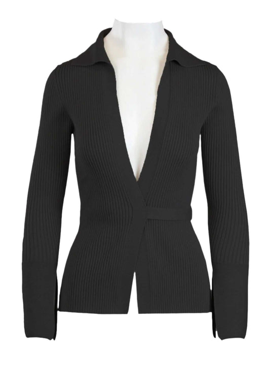 Elios Cardigan in black with plunging neckline and sewn-in waist tie.