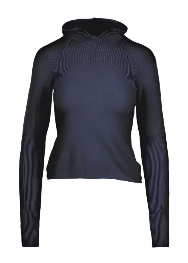 Isolde Slim Hoodie in navy with ribbed contouring, eco-friendly fabric.