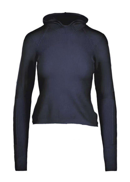 Isolde Slim Hoodie in navy with ribbed contouring, eco-friendly fabric.