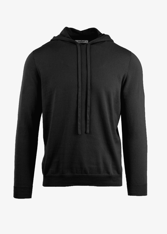 Jupiter Drawstring Hoodie in black with adjustable hood, slender fit, eco-friendly cotton.