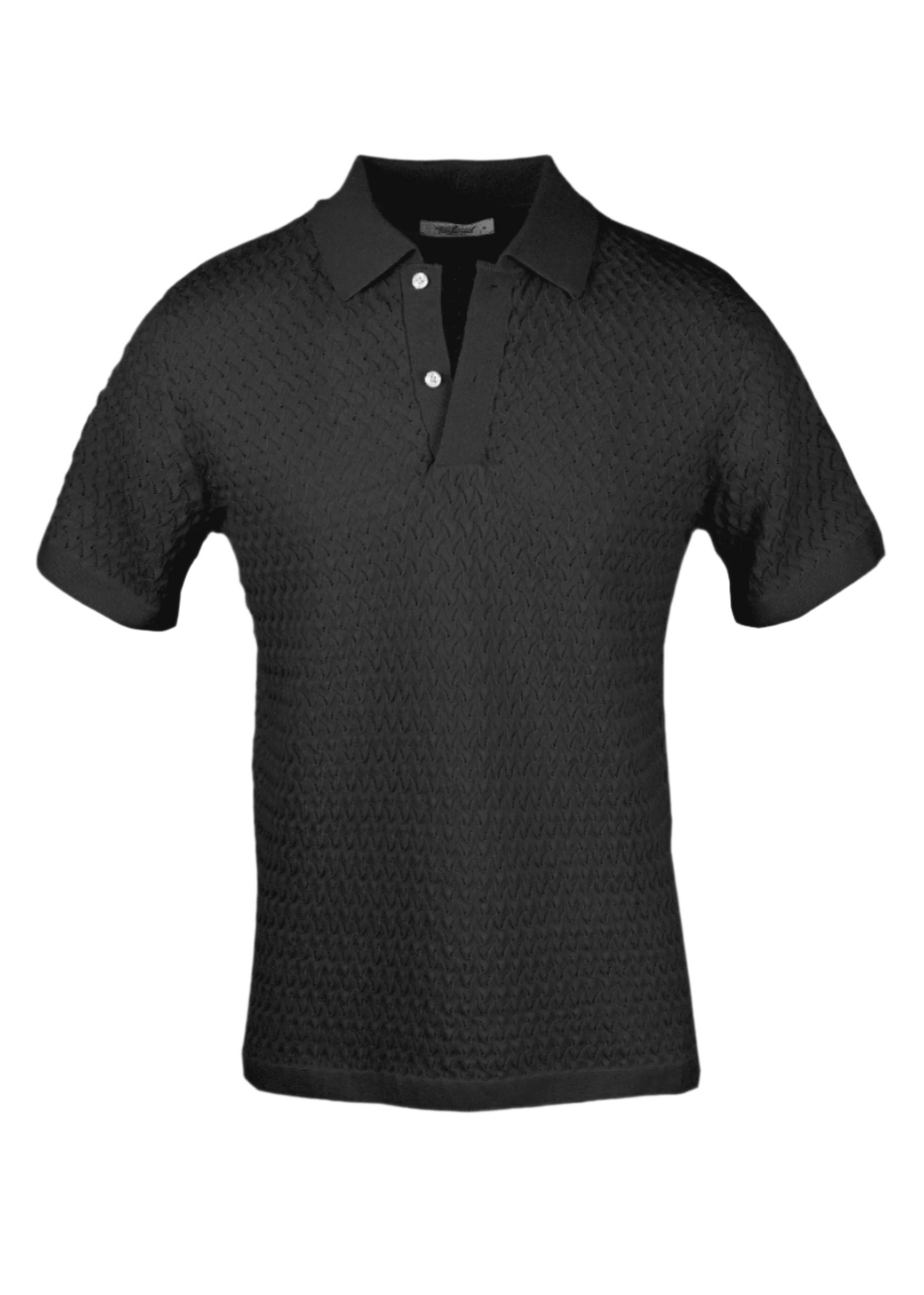 Saintt Sinners Posy Polo in black with textured pointelle design and tubular trimming.