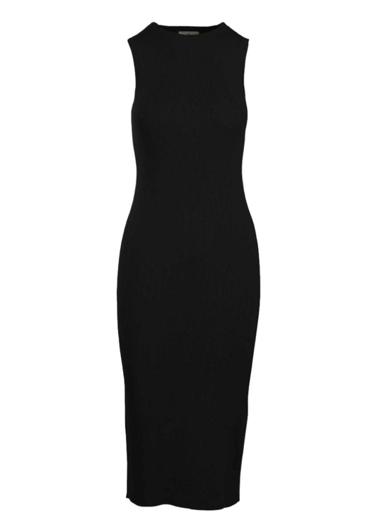 Sleeveless black Naza Dress with heavyweight ribbing and seamless construction.