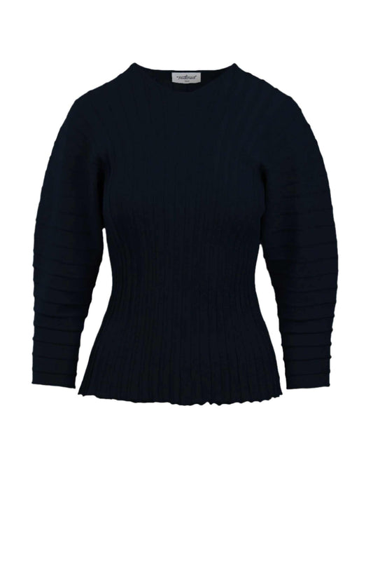 Hewal Pullover in navy with 3/4 dolman sleeves and pleated texture.