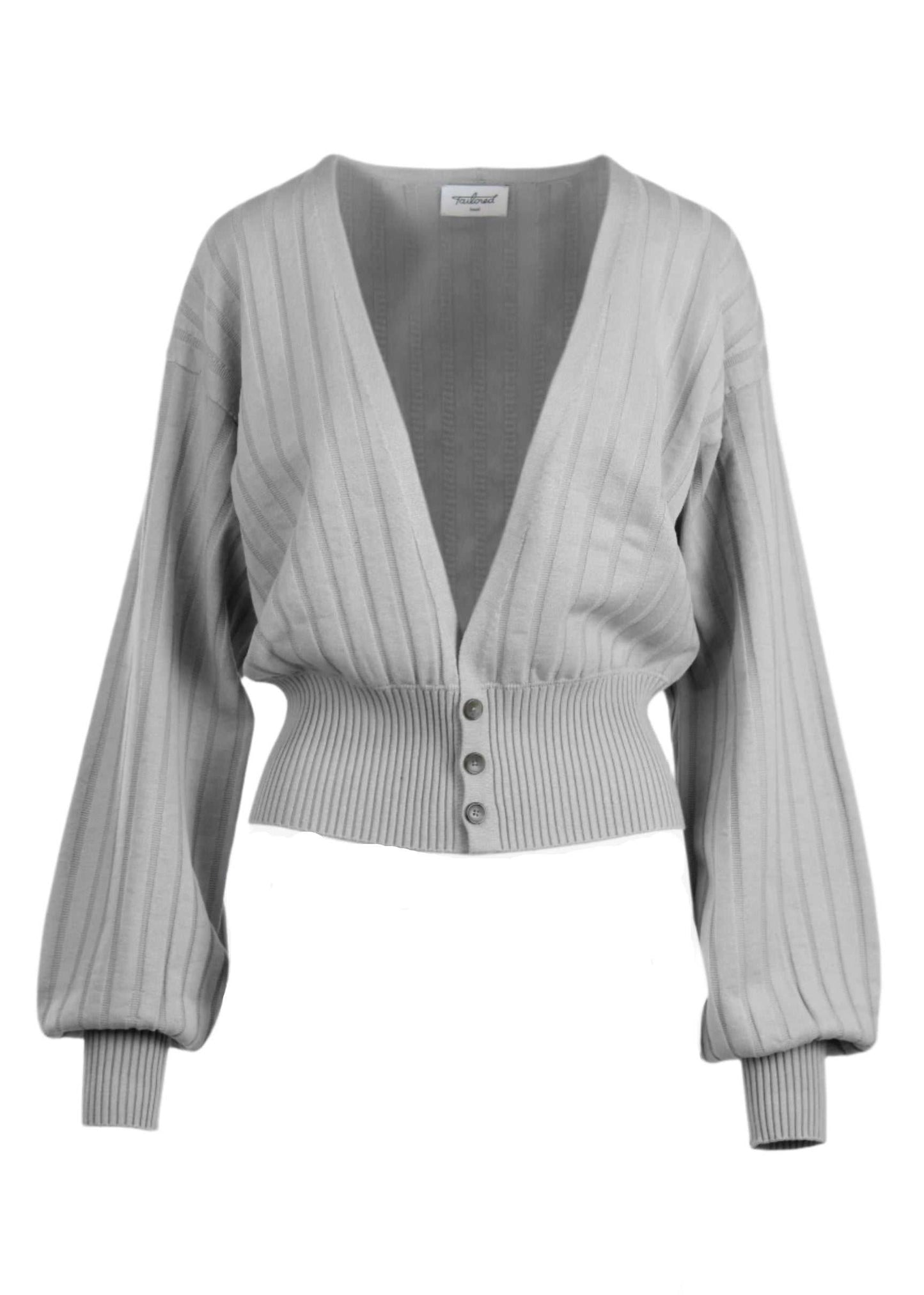 Seren Cardigan with billowing sleeves and ribbed waist in light grey.