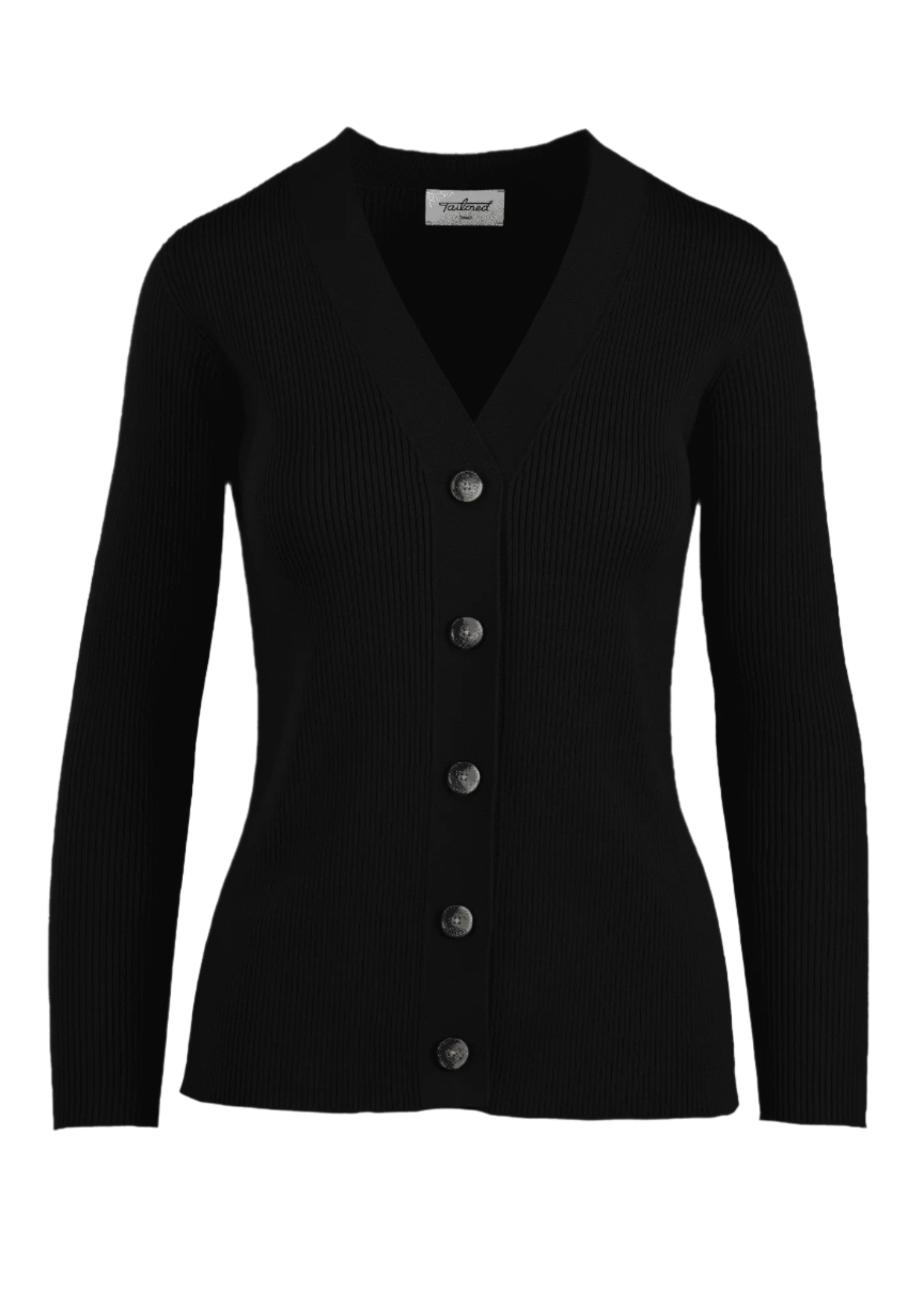 Alba Cardigan in black with button-up front, ribbed texture.