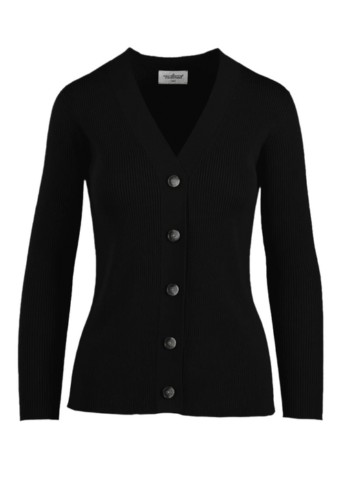 Alba Cardigan in black with button-up front, ribbed texture.