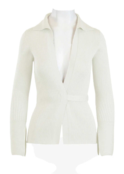 Elios Cardigan in white with plunging neckline and sewn-in waist tie closure.