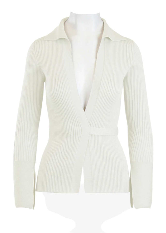 Elios Cardigan in ivory with a plunging neckline and sewn-in waist tie closure.
