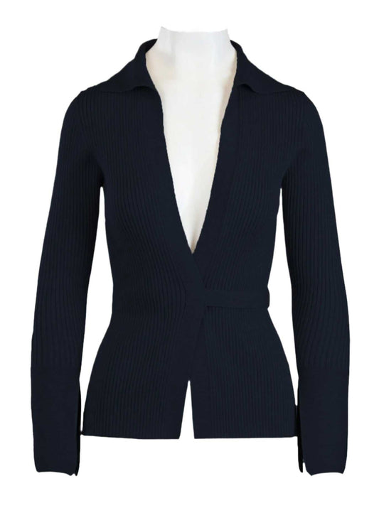 Elios Cardigan in navy with plunging neckline and waist tie.