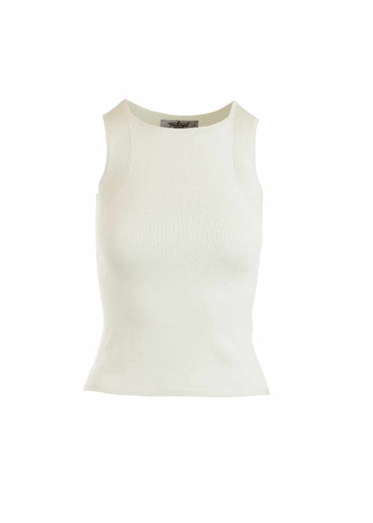 Allenas Tank in Ivory with ribbed detailing, eco-friendly fabric, and seamless design.