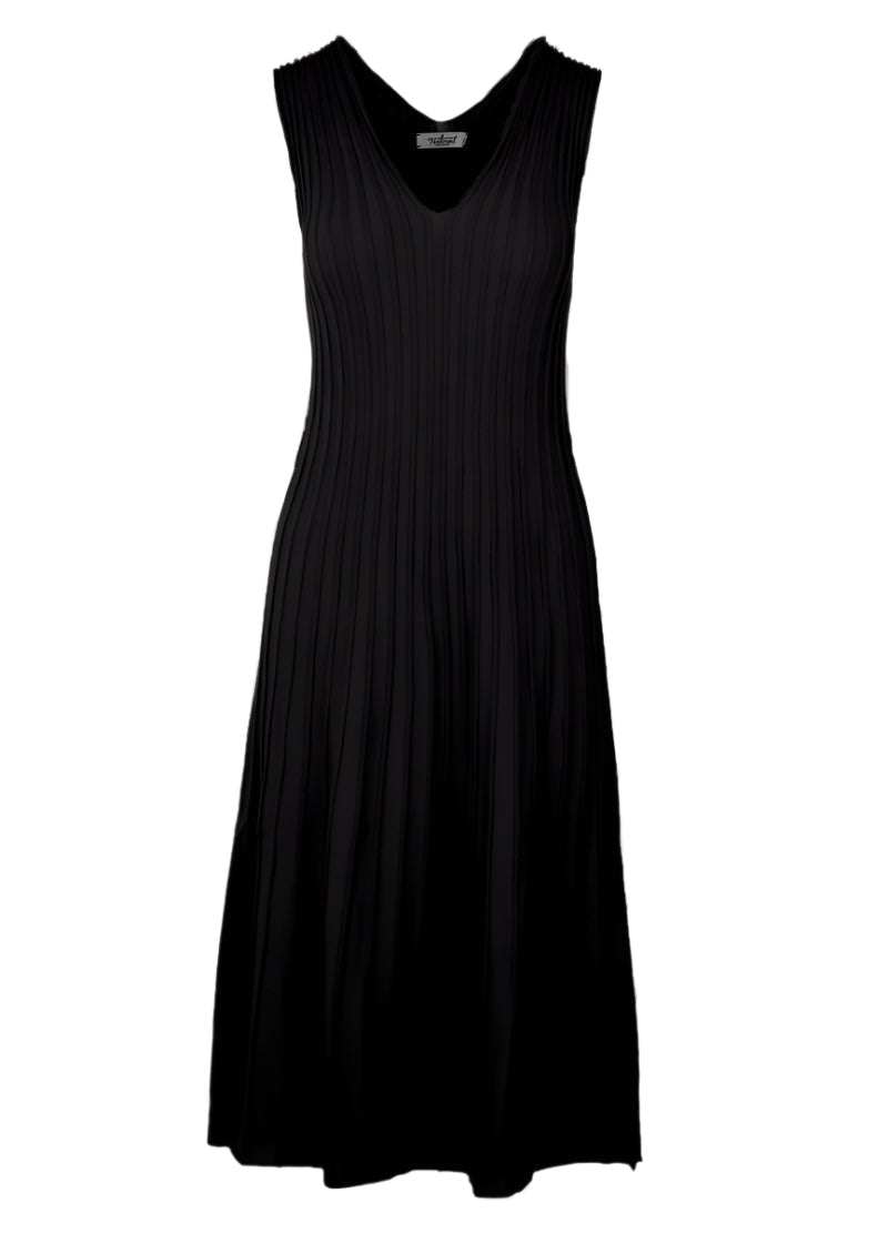 Jaci Dress in black, sleeveless V-neckline, A-line silhouette, pleated knit texture.