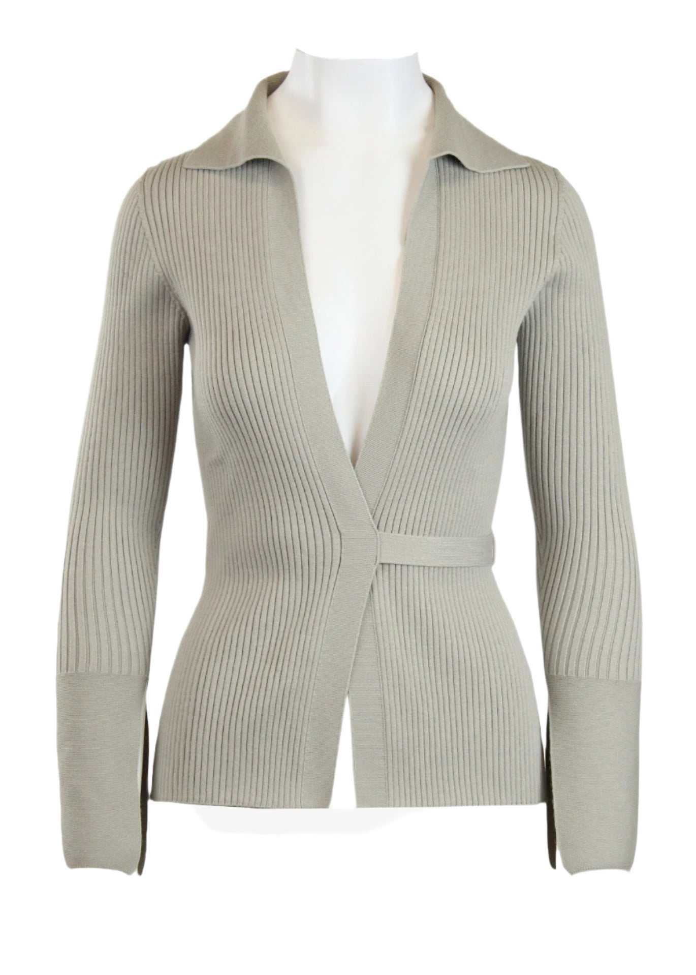 Elios Cardigan in cement color with a plunging neckline and waist tie.