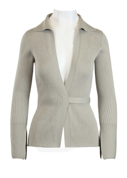 Elios Cardigan in cement color with a plunging neckline and waist tie.