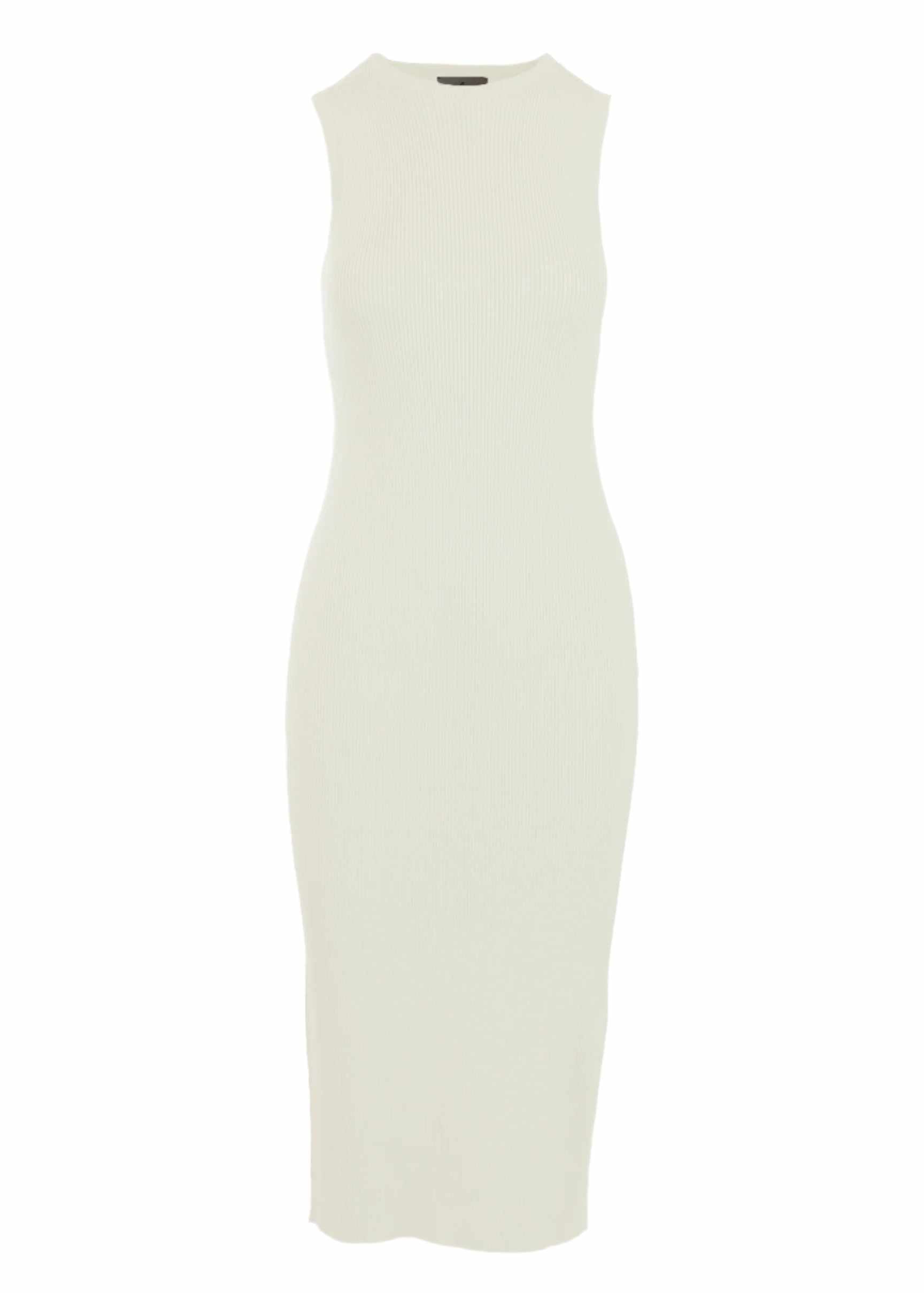 Naza Dress in ivory, sleeveless midi with ribbed texture, eco-friendly fabric.