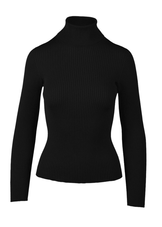 Black Yanna Turtleneck with ribbed bodice and sleeves, eco-friendly fabric.