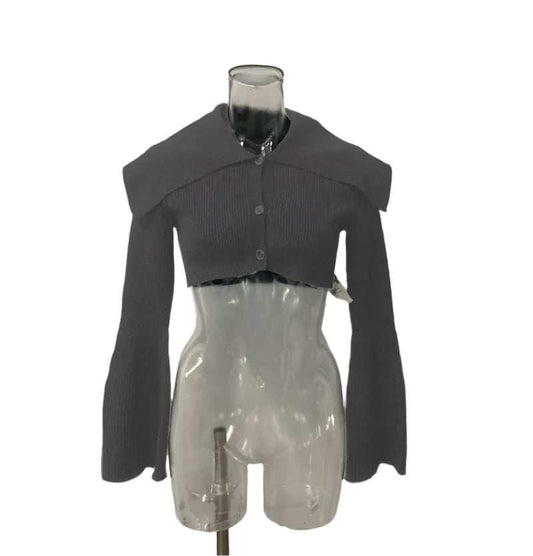 Libra Crop Cardigan with oversized sailor collar and flared sleeves in charcoal.