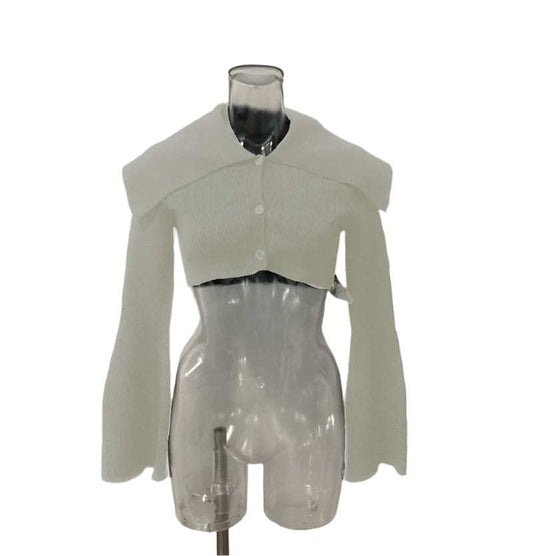 Libra Crop Cardigan with oversized sailor collar and flared sleeves in cement color.