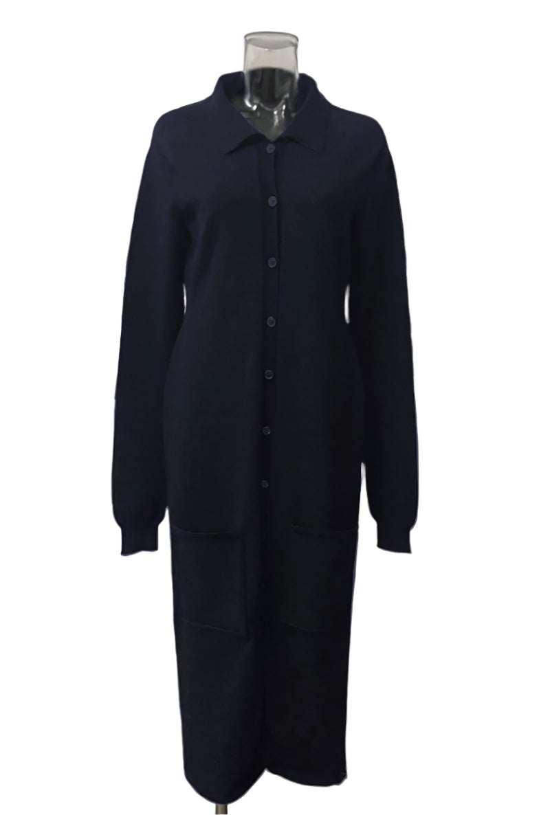 Camael Cardigan in navy with long sleeves, button-up design, and square hip pockets.