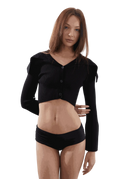Libra Crop Cardigan in black with oversized sailor collar and flared sleeves.