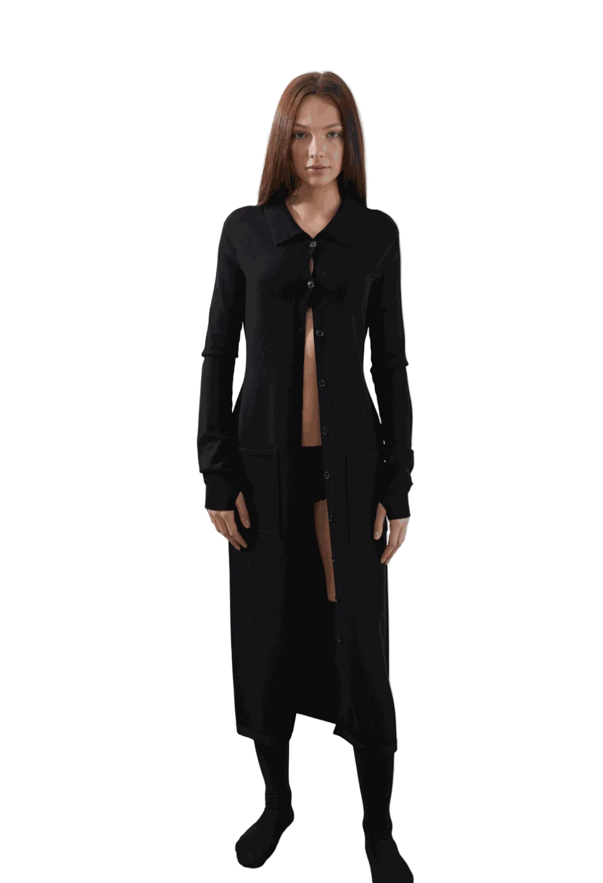 Camael Cardigan in black, featuring long sleeves, button-up design, structured pockets, and cuffed sleeves with thumbholes.